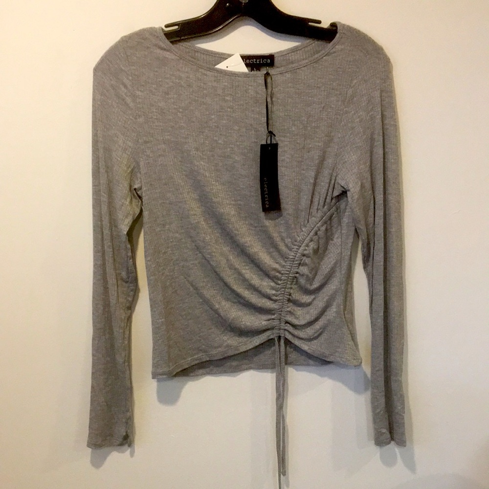 ELECTRICA Women’s Ribbed Long Sleeve Grey Round Neck Side Cinch Top Size Large